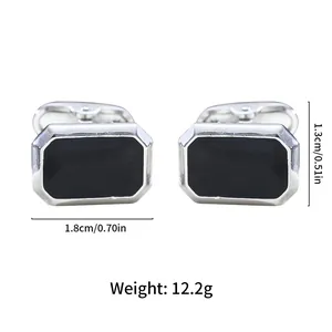 Detailed dimension diagram of silver and black rectangular business cufflinks for men