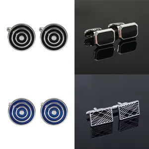 Cufflinks Men Alloy Enamel Round Rectangular Geometric Black Blue Concentric Circle Minimalist Business Formal French Shirt Accessory