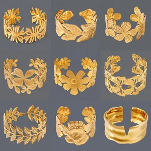 Women Stainless Steel Open Cuff Bracelet 18K Gold Plated Adjustable Floral Heart Leaf Butterfly Geometric Fashion Jewelry