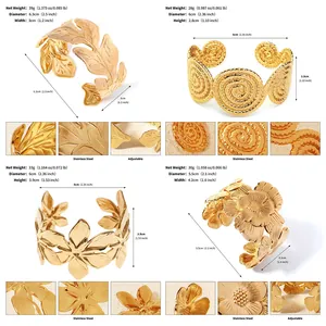 Gold plated stainless steel open cuff bracelets with floral leaf and spiral designs