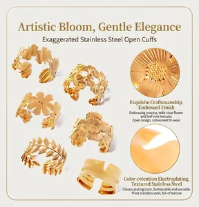 Detailed macro views showing gold floral embossed textures on stainless steel open bangles