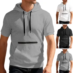 Detail view of men's waffle knit hooded t-shirt showing grey, white, and black color options