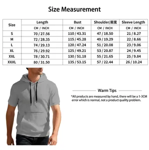 Men's casual hooded t-shirt size chart with metric and imperial units measurements