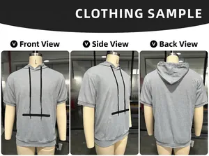 Three-way view of a gray short-sleeved hoodie showing front, side, and back details