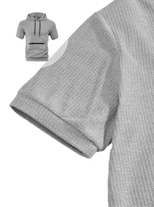 Close-up of grey ribbed fabric and sleeve detail on a men's hooded short sleeve t-shirt.