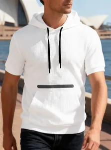 Close-up detail of white waffle knit texture on this casual hooded short sleeve t-shirt for men