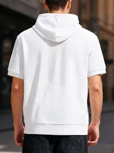 Rear view of a white textured waffle knit hooded short sleeve t-shirt for men.