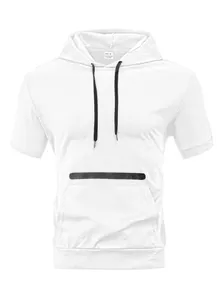 Close-up of mens white waffle knit hooded short sleeve t-shirt showing fabric texture