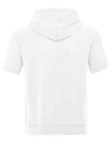 Back view of men's white waffle knit hooded short sleeve T-shirt with ribbed hem