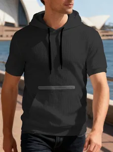 Casual men's short sleeve black waffle knit hoodie with pocket for summer