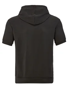 Rear view of men's black hooded short sleeve T-shirt with textured waffle knit fabric