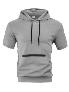 Detail showing gray waffle knit fabric texture on men's casual short sleeve hoodie