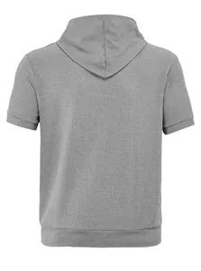 Back view of a grey waffle-knit hooded short-sleeved T-shirt showing fabric texture.