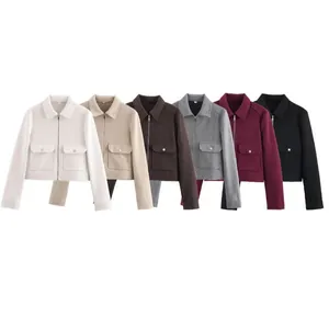 Vestes courtes en tweed doux en six couleurs avec fermeture éclair et poches avant