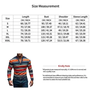 Tabella taglie per maglia Henley a maniche lunghe a righe da uomo in unità CM e POLLICI