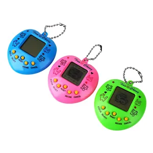 Nostalgic virtual pet handheld game console in blue, pink, and green colors.