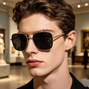 Close-up of retro square polarized sunglasses with golden double bridge on model
