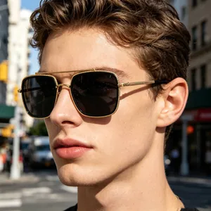 Stylish male model wearing retro polarized double-bridge square sunglasses in urban setting