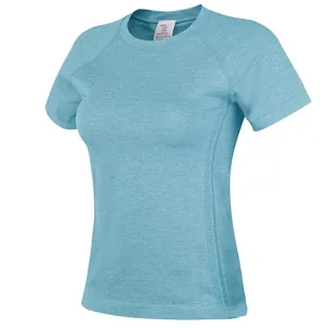 Detailed view of the breathable mesh side panels on this slim-fit blue women's sports T-shirt