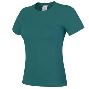 Close-up of women's breathable yoga T-shirt with side mesh panels and slim fit design.