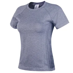 Close-up view of a women's breathable mesh yoga T-shirt with slim fit athletic design