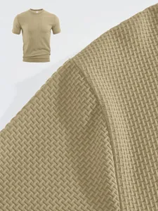 High-definition close-up of khaki waffle knit seersucker fabric texture for men's t-shirt