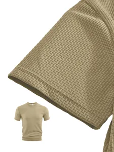 Detailed macro view showing the breathable seersucker texture of a khaki men's casual T-shirt