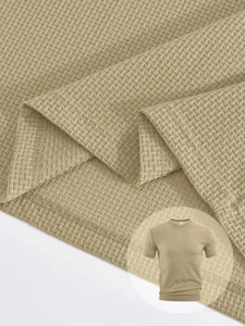 Detailed texture of a khaki breathable seersucker short-sleeve T-shirt for men