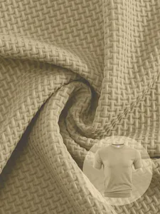 Detailed close-up showing the breathable seersucker texture of the khaki men's T-shirt