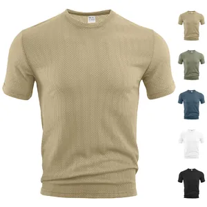 Men Waffle Knit Short Sleeve T-Shirt Quick Dry Breathable Nylon Spandex Loose Fit Sports Casual Crew Neck