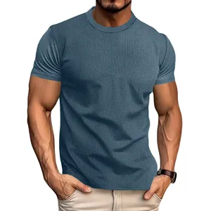 Men's breathable blue waffle texture seersucker short sleeve T-shirt for casual athletic wear