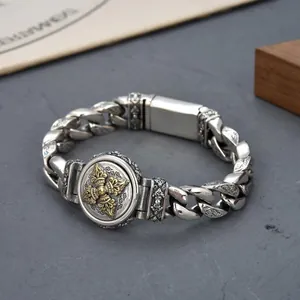 Bracciale Vajra rotante vintage in argento da uomo con dettagli di catena etnica