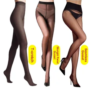 Ultra-sheer black pantyhose with three crotch designs: T-crotch, straight, and seamless