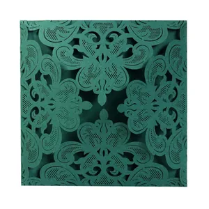 Elegant dark green laser-cut lace wedding invitation card with intricate floral patterns