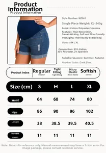 Detailed size chart and specifications for maternity denim shorts with ripped details