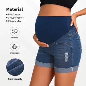 Maternity Denim Shorts Ripped Cuffed Hem Over Belly Support Stretchy High Waist Comfortable Cotton Blend For Pregnant Women