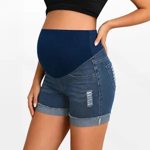 Maternity denim shorts with high waist belly support and distressed details