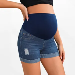 Summer distressed maternity denim shorts with high navy blue elastic belly band