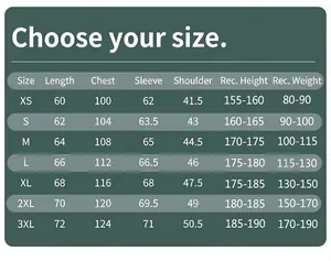 Tableau des tailles complet pour veste de protection solaire rafraîchissante en soie glacée