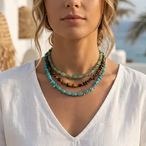 Bohemian layered necklace featuring natural tiger eye and turquoise irregular stone beads