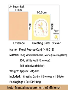 Detailed dimensions of 3D floral greeting card set with envelope and sticker