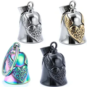 Stainless Steel Guardian Bell Pendant Necklace Retro Heart Wings Motorcycle Biker Luck Charm