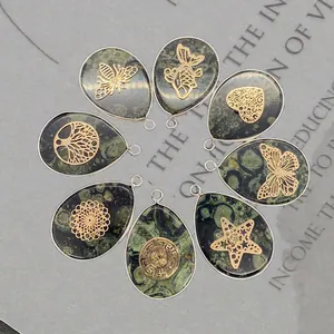Natural Stone Teardrop Pendants Hollow Metal Pattern Butterfly Tree Of Life Charms For DIY Jewelry Making Retro Ethnic