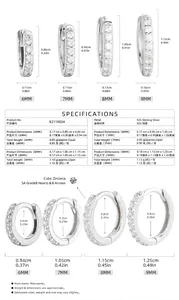 S925 sterling silver hoop earrings size chart and specifications for 6mm to 9mm.
