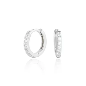 Detailed view of S925 sterling silver hoop earrings with clear pavé cubic zirconia