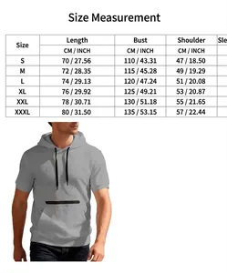 Size chart for men's hooded short-sleeve waffle knit shirt with dimensions in CM and INCH