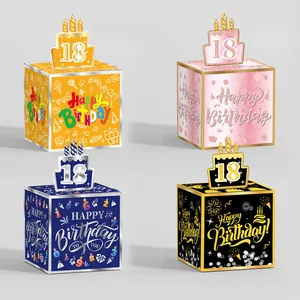 Set of 4 birthday money pull gift boxes in pink, blue, orange, and black with 18th topper