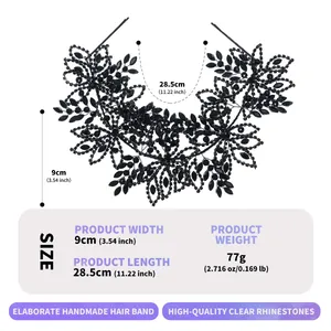 Serre-tête de mariée en strass noirs fait main avec motif floral et dimensions