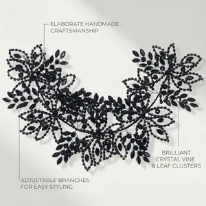 Bandeau de mariée élégant fait main en strass noirs avec grappes de feuilles de cristal