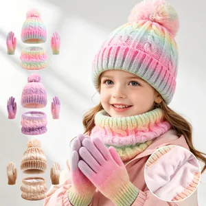 Kinder Winter Beanie Mütze Schal Handschuhe Set Acryl Zopfstrick Ombre Warm Pom Pom Winddicht Outdoor Kleinkinder
